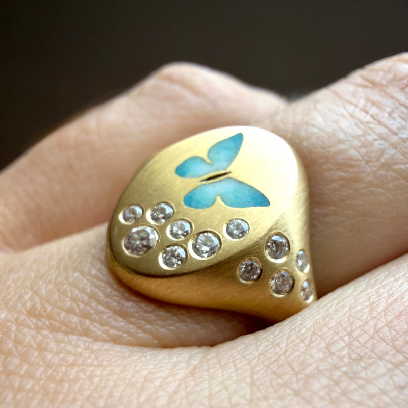 Butterfly Vitreous Enamel Signet Ring with Diamonds — 18k Gold — Gwen Barba