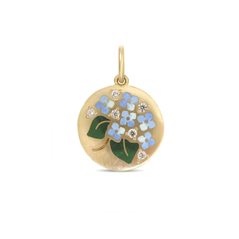 Round pendant with a blue enamel Hydrangea and diamonds