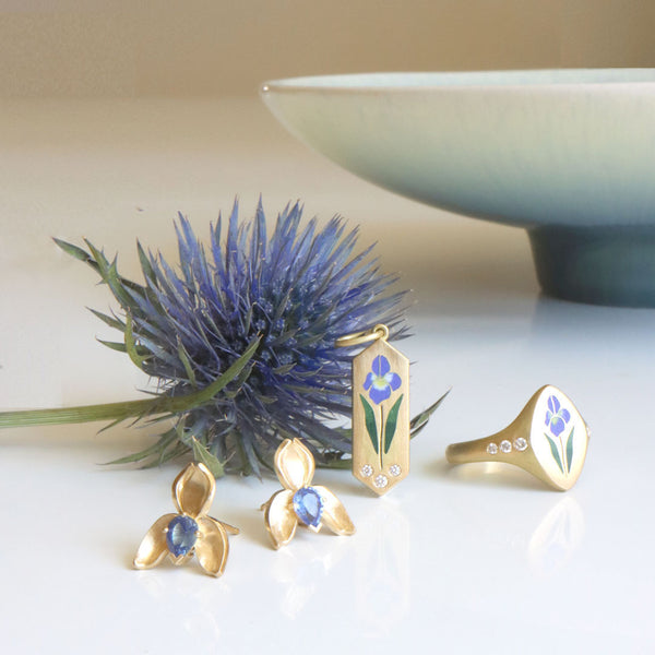 iris jewelry with enamel diamonds and sapphires