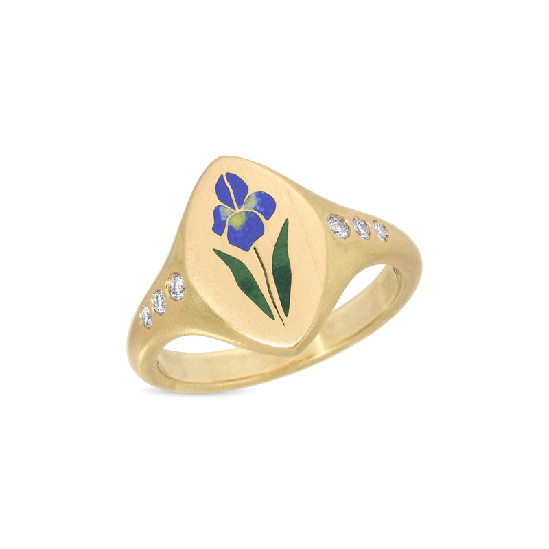 iris flower ring with enamel and diamonds