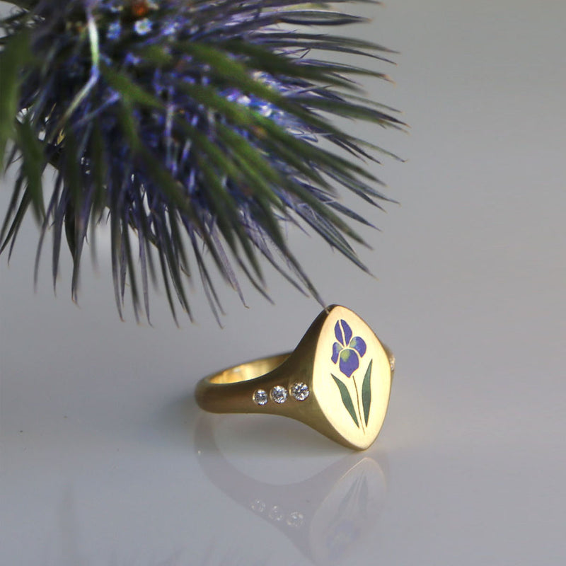 Iris enamel gold signet ring with diamonds